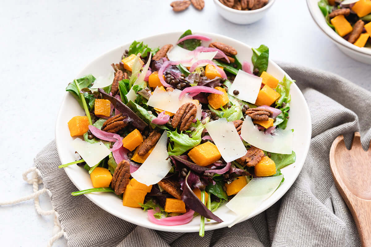 Santé Nuts - Recipe - Roasted Squash Salad with Manchego and Sweet & Spicy Pecans
