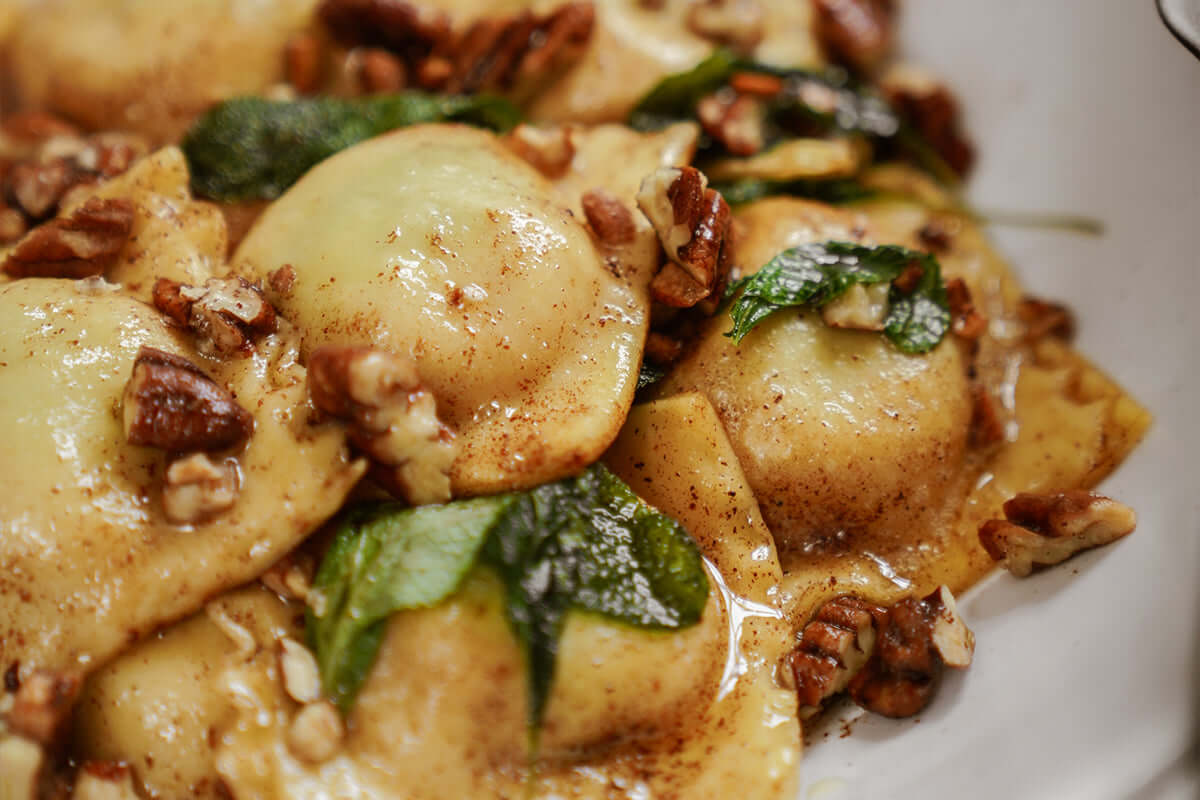 Santé Nuts - Recipe - Pumpkin Ravioli with Brown Butter Pecan Sauce