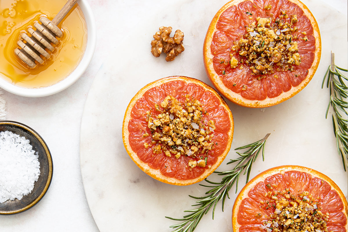 Santé Nuts - Recipe - Honey Broiled Grapefruit with Rosemary Walnut Crumble