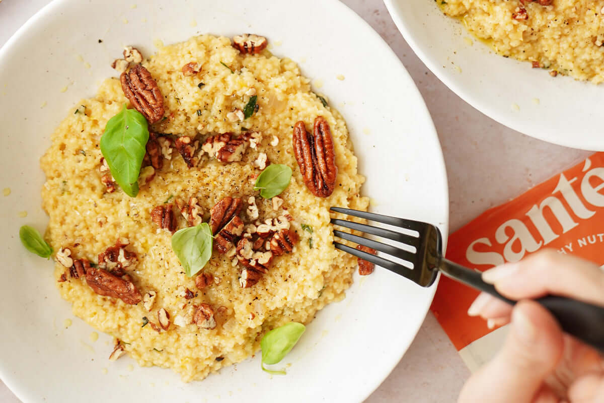 Santé Nuts recipe - Creamy Truffle Pastina Recipe with Candied Pecans