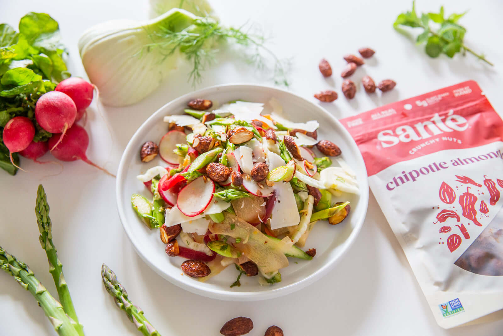 Santé Nuts - Spring Shaved Root Vegetable Salad with Chipotle Almonds and Citrus Dressing