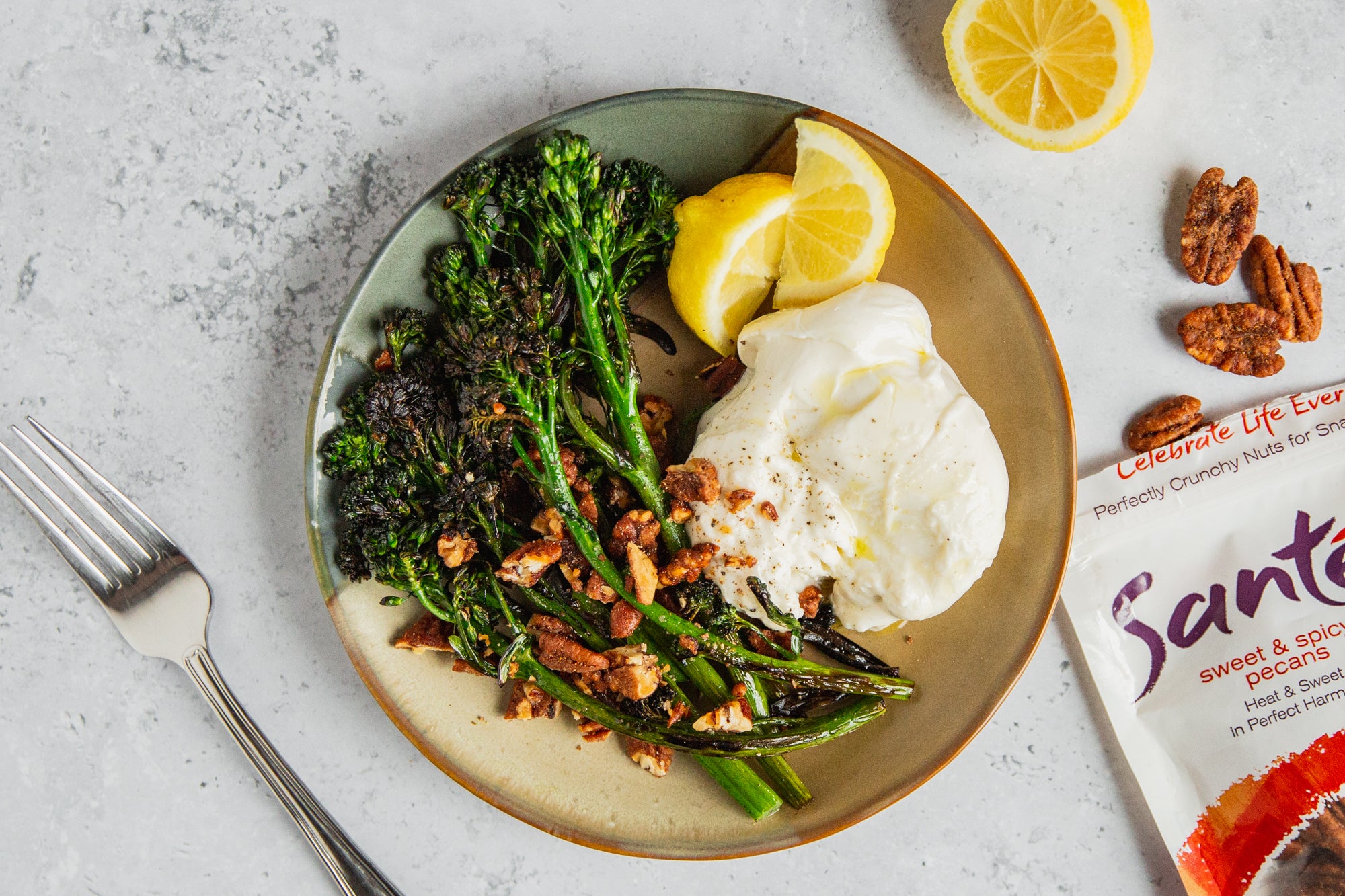 Santé Nuts - Charred Broccolini with Burrata and Sweet & Spicy Pecans | Recipe