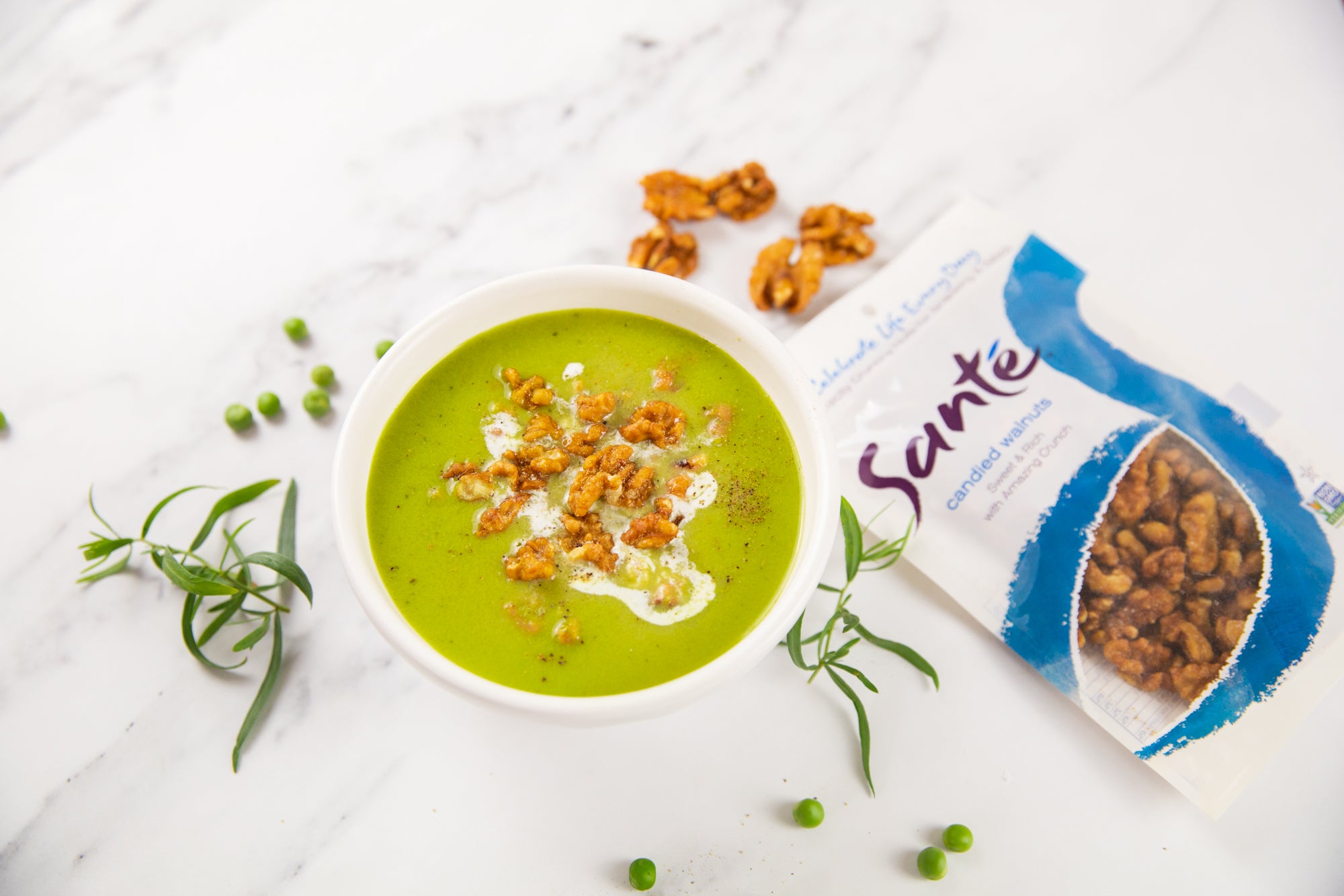 Santé Nuts - English Pea Soup with Candied Walnuts