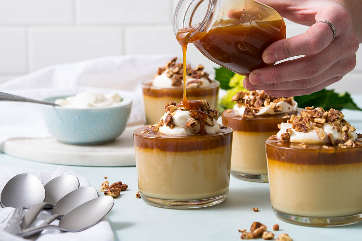 Santé Nuts - Recipe - Gluten-free Bourbon Butterscotch Puddings with Pecans