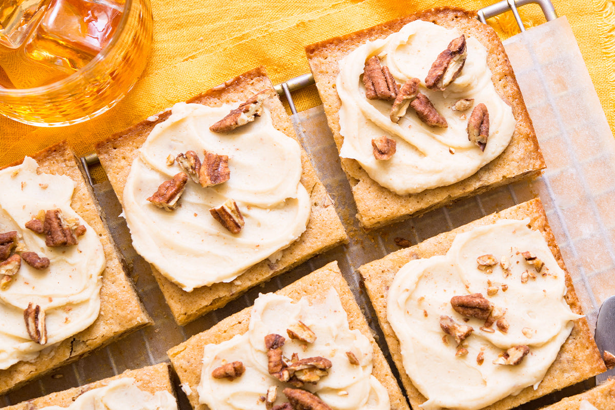 Santé Nuts - Recipe - Bourbon Pecan Blondies with Whiskey Maple Cream Cheese Frosting