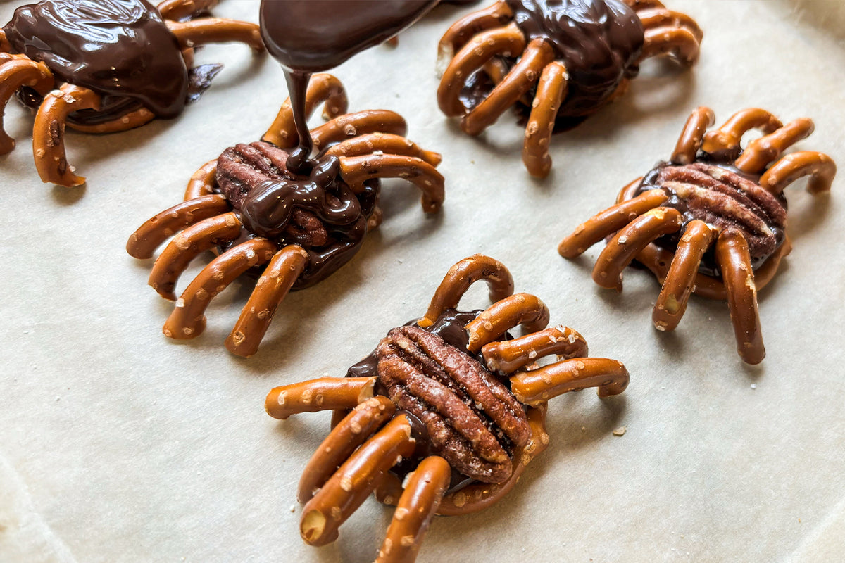 Santé Nuts - Chocolate Covered Pretzel Pecan Spiders - Easy Halloween Snack Recipe
