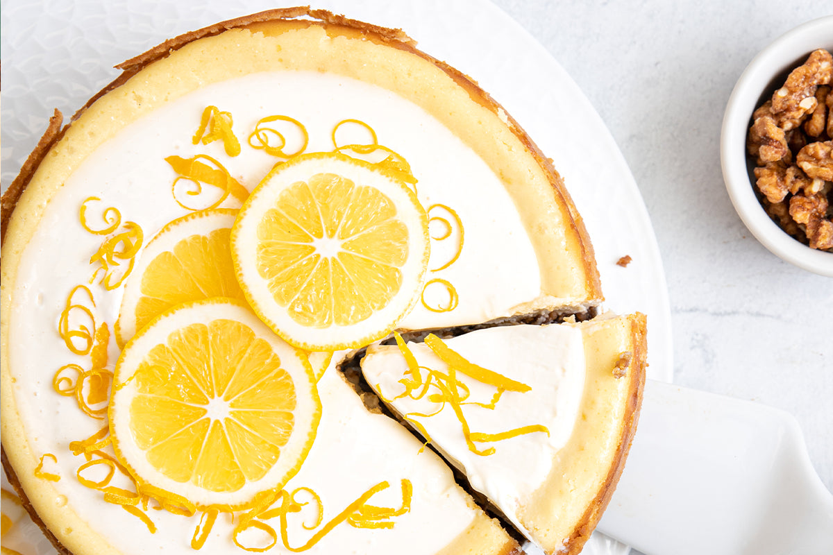 Santé Nuts - Recipe - Meyer Lemon Ricotta Cheesecake with Gluten-free Walnut Crust