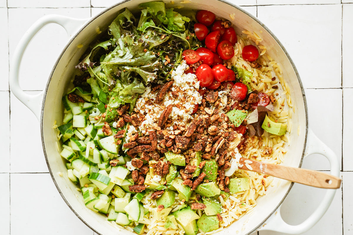 Santé Nuts - Recipe - Orzo Chopped Salad with Spiced Pecans