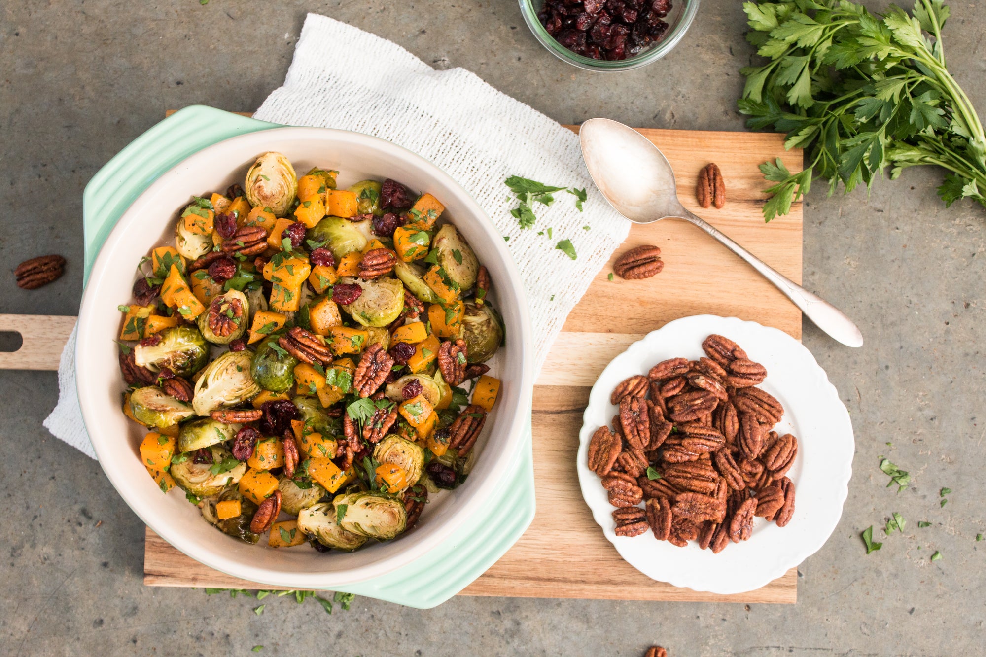 Santé Nuts - Roasted Brussels Sprouts and Butternut Squash with Spicy Pecans