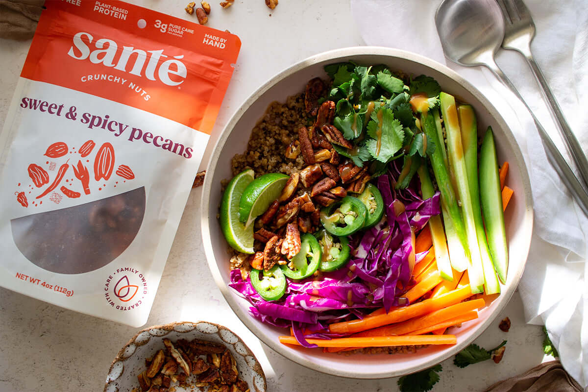 Crunchy Rainbow Quinoa Bowl with Santé Sweet & Spicy Pecans and Peanut dressing