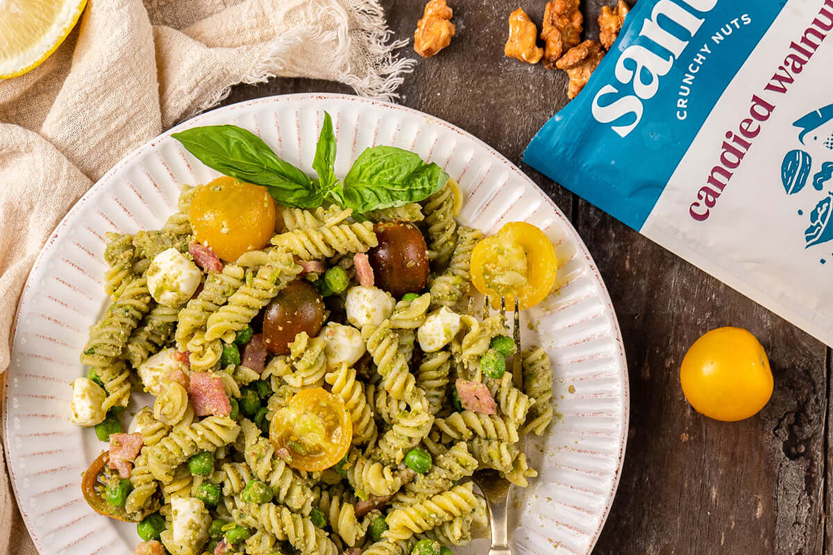 Candied Walnut and Pea Pesto Pasta Salad - Recipe - Santé Nuts