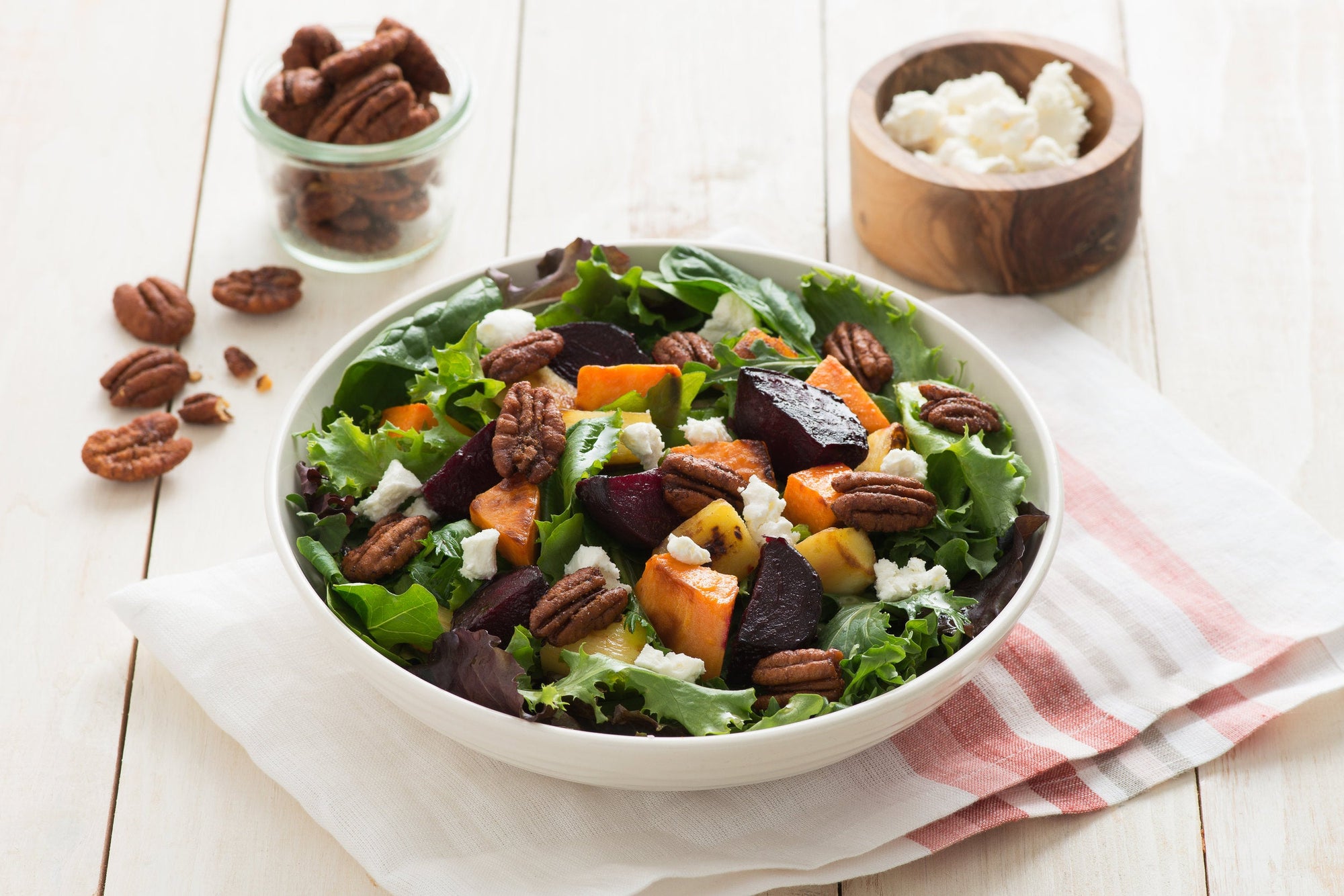 Santé Nuts - Recipe - Roasted Beet Sweet Potato Parsnip Salad with Sweet and Spicy Pecans