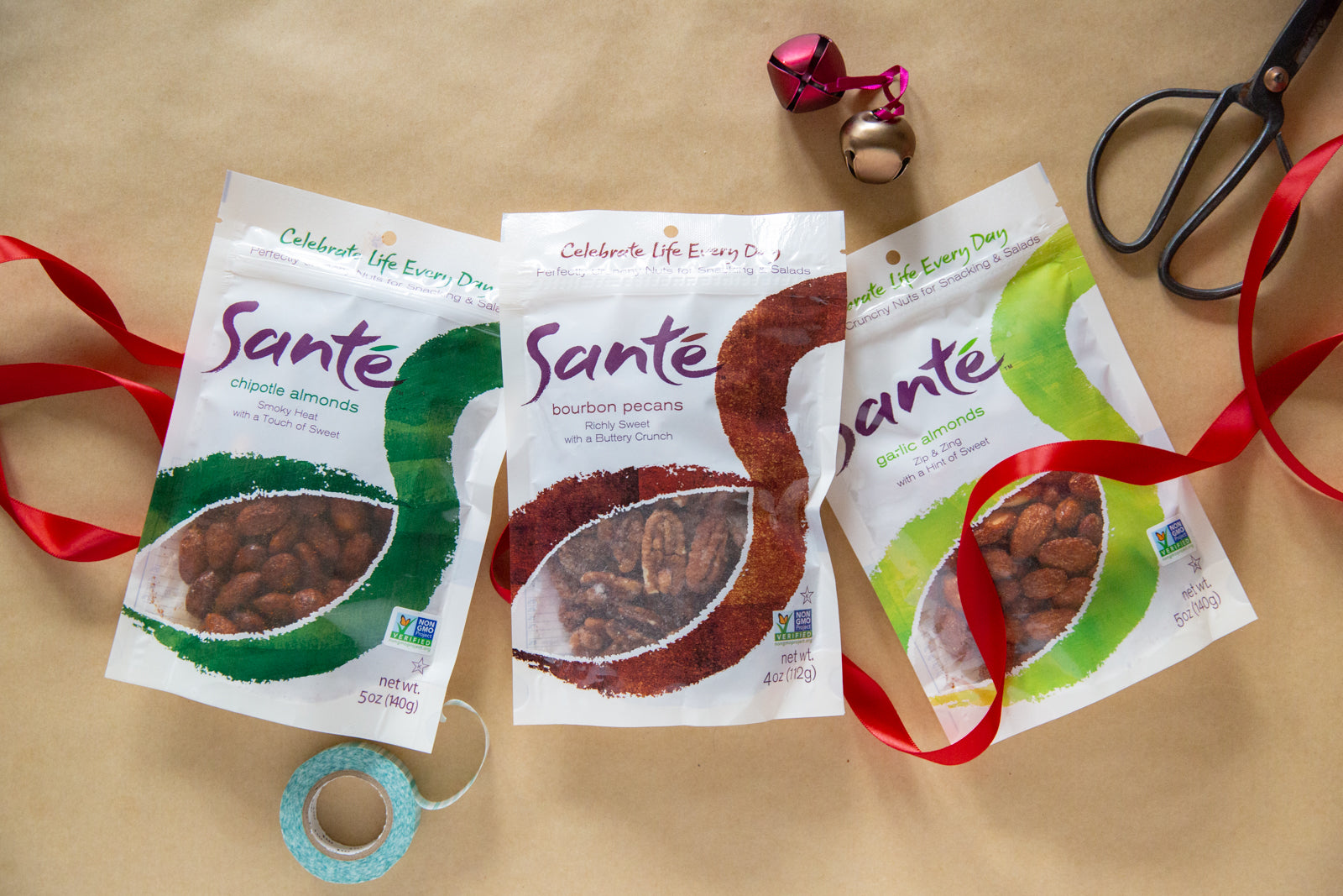 Santé Nuts bags with holiday ribbon